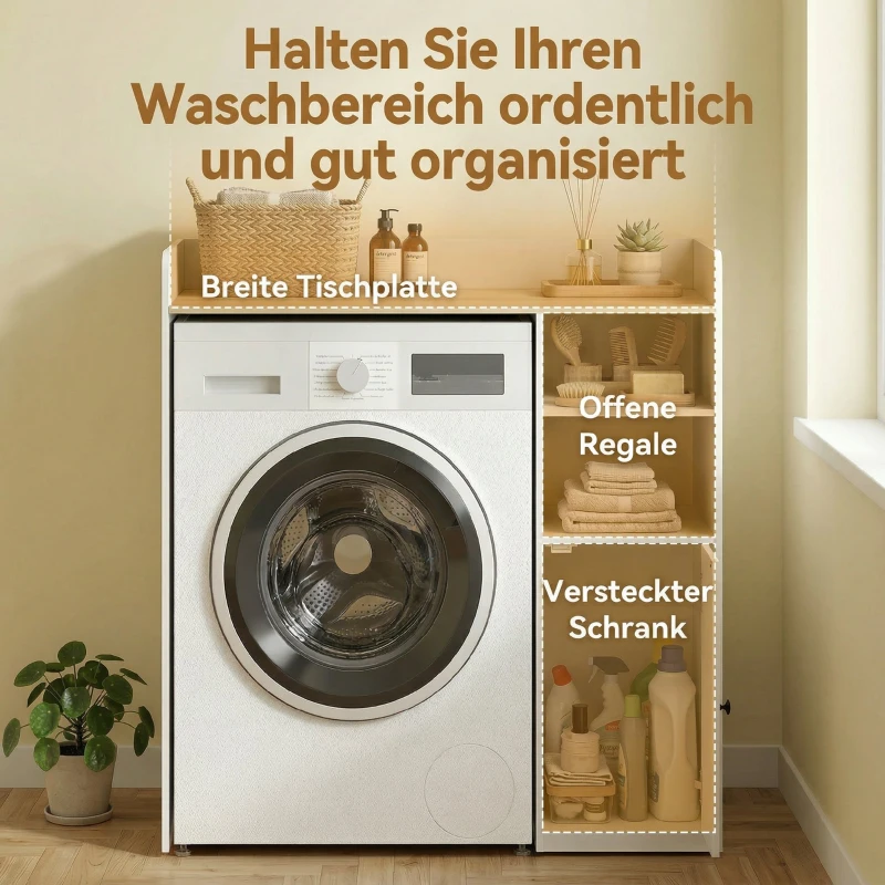 HOMCOM Schrank über der Waschmaschine mit Soft-Close-Scharnieren, moderner Bad-Organizer über der Toilette mit offenen Ablagefächern