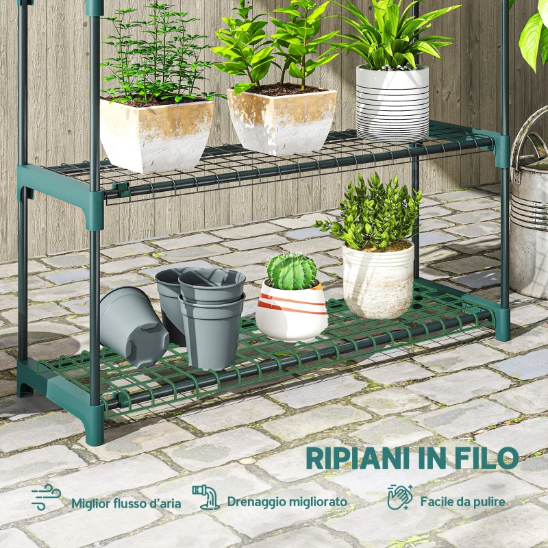 Outsunny Set di 2 Scaffali per Piante a 4 Livelli in Acciaio con Ganci, 90x28x104 cm, Verde