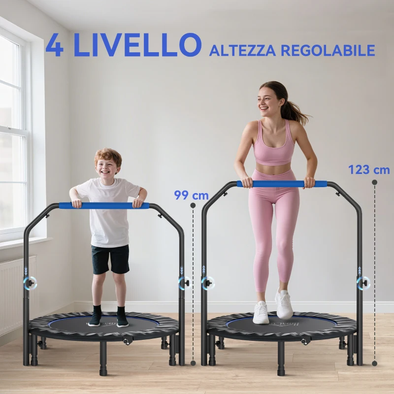 HOMCOM Mini Trampolino Fitness Ø114 cm Pieghevole con Manubrio Regolabile in Altezza, Blu e Nero