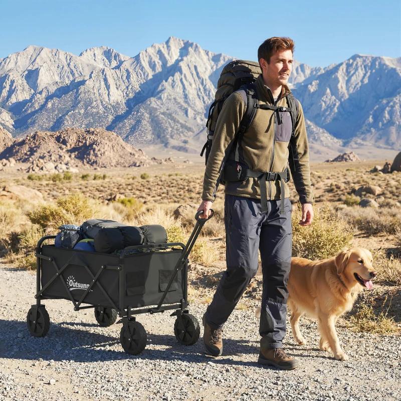 Outsunny Carrello da Giardino Pieghevole 90L con Manico Regolabile e Portabicchieri, Nero