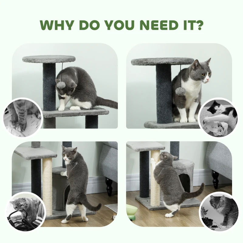 PawHut Drapak 103 cm z domkiem dla kota, platformami, słupkami owiniętymi sizalem, pluszową zawieszką, szary