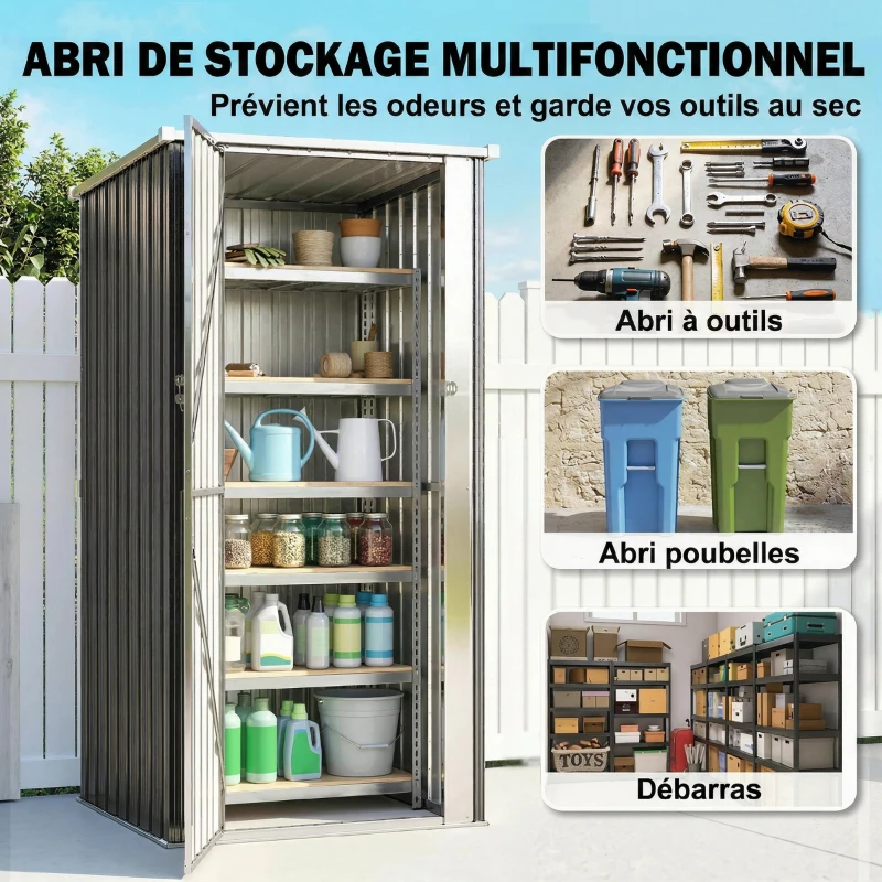 Outsunny Abri de Jardin Armoire de Jardin 0,69m² Toit Incliné Porte Verrouillable et Barres de Soutien 83x89x163cm Gris Anthracite