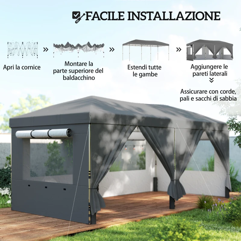 Outsunny Gazebo Pieghevole 3x6 m con 6 Pareti Laterali, Sacchi e Picchetti, in Metallo e Tessuto Oxford, Grigio Scuro