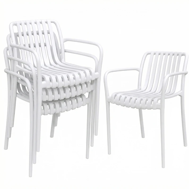 Outsunny Conjunto de 4 Cadeiras de Jardim Exterior Empilháveis de PP com Encosto Curvado Assento com Ripas 55x58,5x81,5 cm Branco