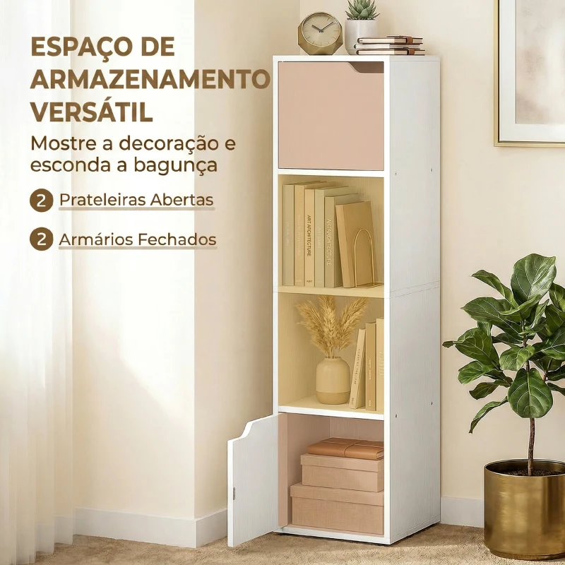 HOMCOM Estante para Livros com 2 Portas Estante Estreita de 4 Níveis com 2 Prateleiras Abertas 30x29x119 cm Branco