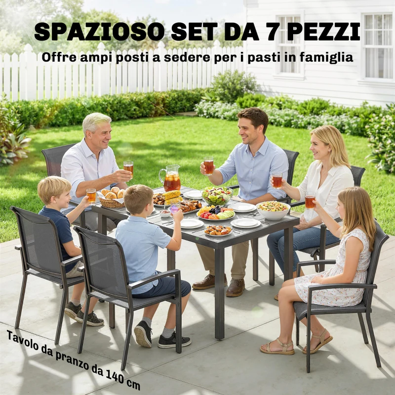Outsunny Set da Esterno 7pz con Tavolo da Giardino a 2 Sezioni e 6 Sedie Impilabili in Texteline, Grigio