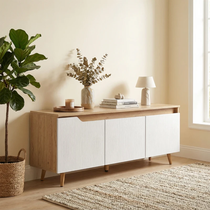 HOMCOM Mobile TV 55" max a 3 Sezioni con Ripiano Regolabile, in Legno, 120x35x45.5 cm, Bianco e Rovere