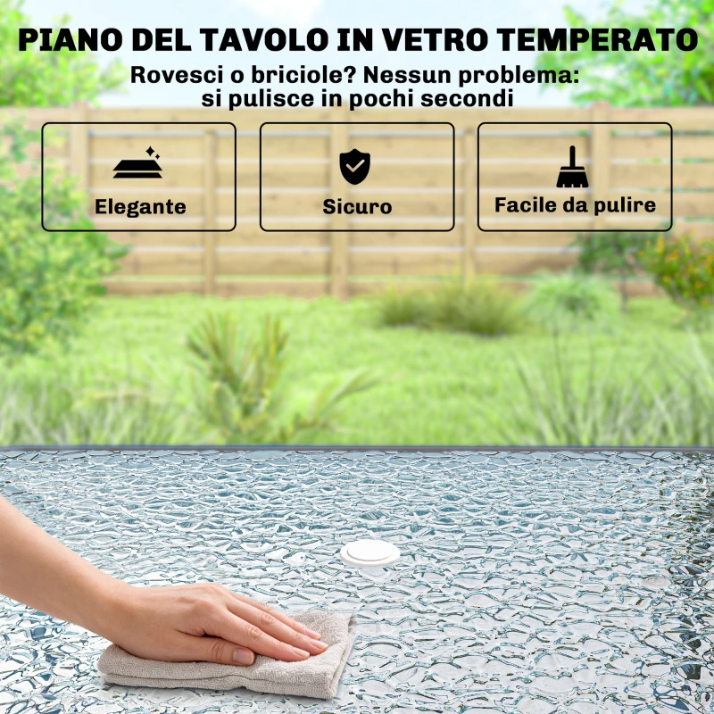 Outsunny Set da Giardino 8 pz con Ombrellone, 6 Sedie Pieghevoli e Tavolo da Esterno in Vetro Temperato, Grigio