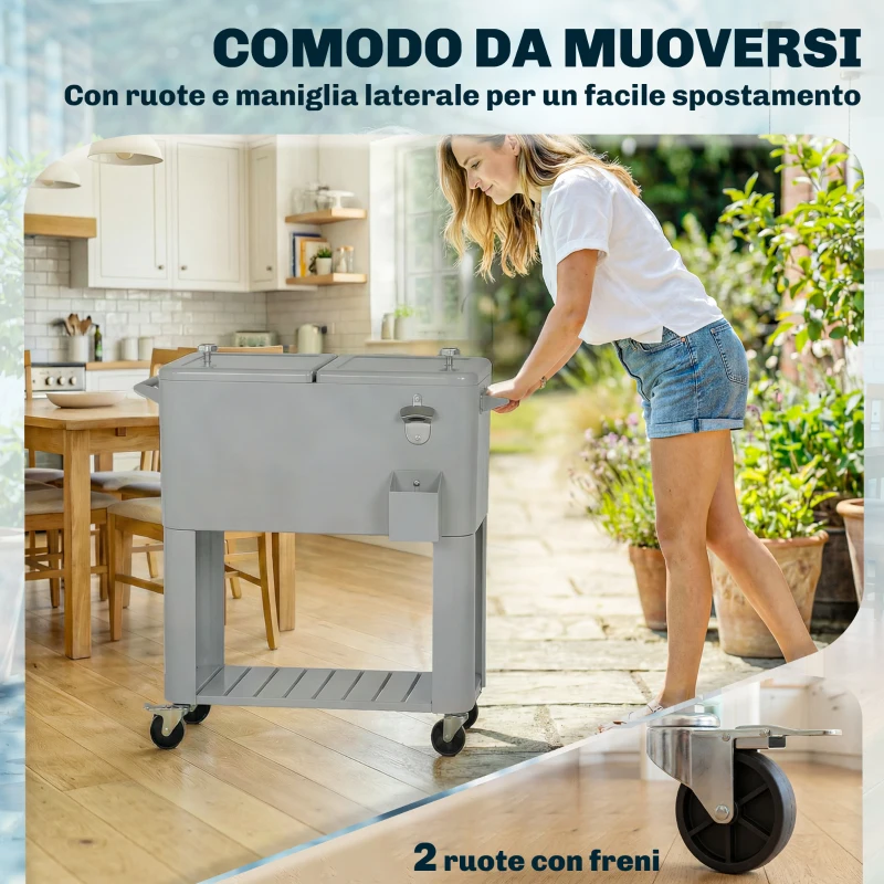 Outsunny Frigo Portatile 76L con Ruote, Ripiano e Apribottiglie, in Plastica, Metallo e Acciaio, 92x39x81 cm, Argento