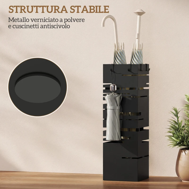 HOMCOM Portaombrelli Quadrato in Metallo con Vassoio Antigoccia Rimovibile e 4 Ganci, 15.5x15.5x49 cm, Nero