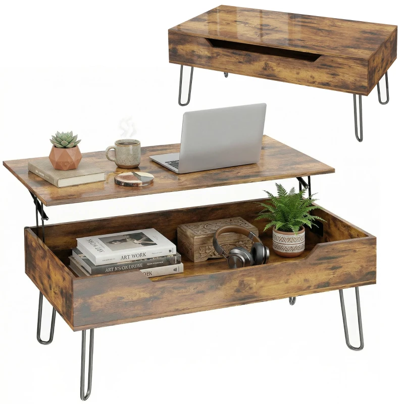 HOMCOM Rechteckiger Couchtisch aus Holz mit großem versteckten Stauraum, höhenverstellbar, 95 x 50 x 40 cm, Rustikalbraun