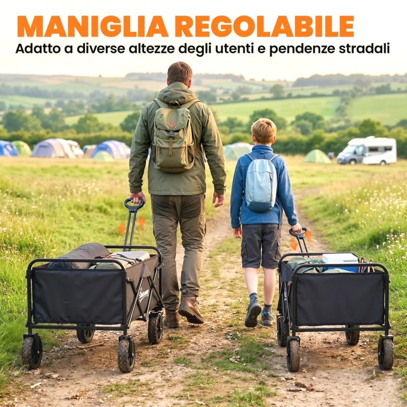 Outsunny Carrello da Giardino Pieghevole 90L con Manico Regolabile e Portabicchieri, Nero