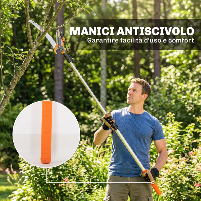 Outsunny Seghetto Manuale 2-in-1 con Asta Telescopica in Alluminio da 2-3 m, Sega da Potatura e Cesoie con Blocco di Sicurezza