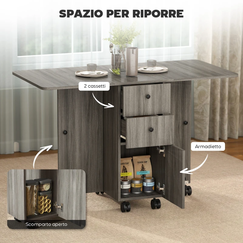 HOMCOM Tavolo a Ribalta a 6 Rotelle con 2 Cassetti e Armadietto ad Ante, in Legno, 120x60x76.5 cm, Grigio