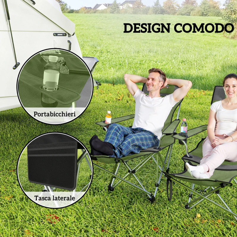 Outsunny Set 2 Sedie da Campeggio Pieghevoli con Poggiapiedi e Portabicchieri, 82x50/100x88 cm, Verde
