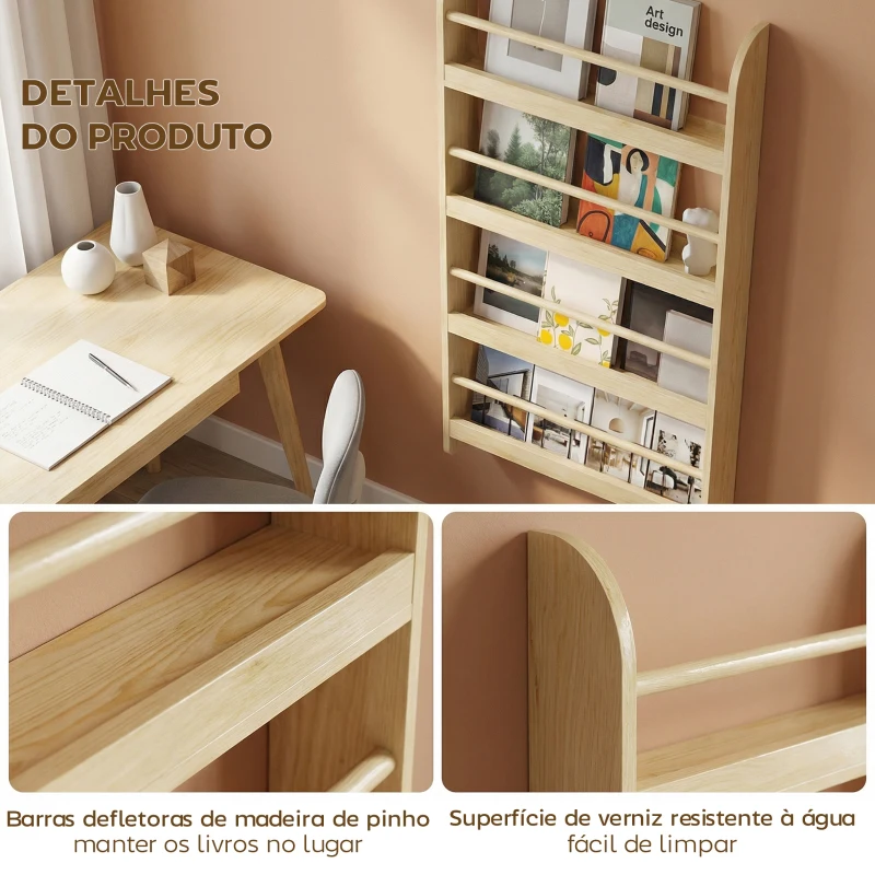HOMCOM Estante de Parede com 4 Prateleiras para Livros Biblioteca Infantil para Casa Escritório Suporta até 30kg 59x12x113cm Madeira