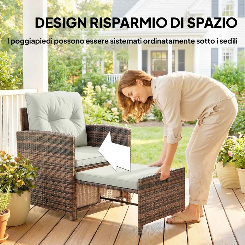 Outsunny Set da Esterno in Rattan e Acciaio 5pz con 2 Pouf, 2 Sedie e Tavolino da Caffè a 2 Livelli, Marrone e Crema