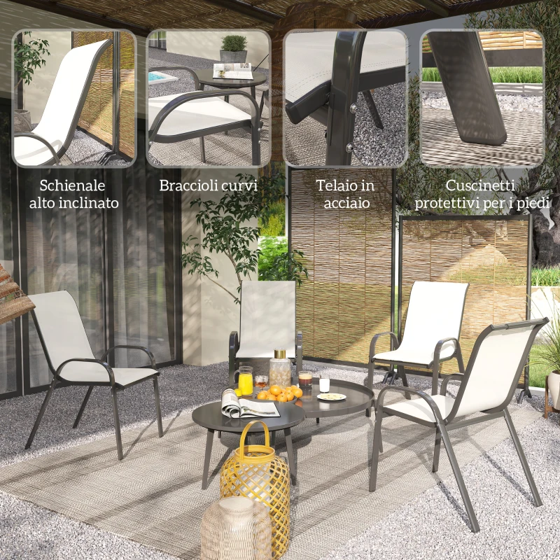 Outsunny Set 4 Sedie da Giardino Impilabili con Braccioli Curvi, in Acciaio e Tessuto Traspirante, 54x71x93 cm, Beige