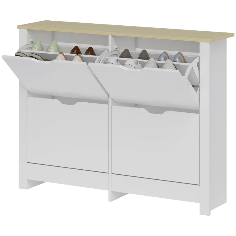 HOMCOM Smalle Schoenenkast met 4 Klapvakken voor 8–16 Paar Schoenen, 105 x 26 x 80 cm, Wit + Natuurlijk hout