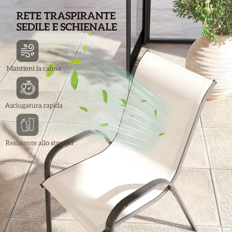Outsunny Set 4 Sedie da Giardino Impilabili con Braccioli Curvi, in Acciaio e Tessuto Traspirante, 54x71x93 cm, Beige