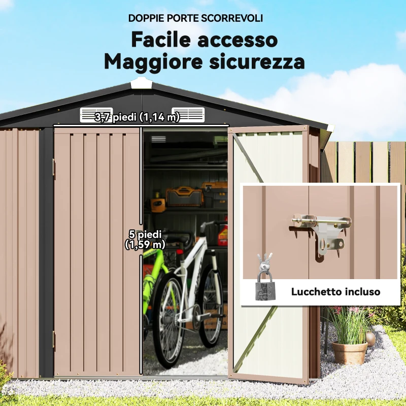 Outsunny Capanno da Giardino in Metallo 364 x 238 cm con 4 Prese d'Aria e Porte Doppie con Serratura, Marrone