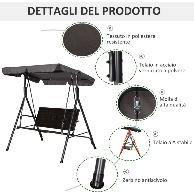 Outsunny Dondolo da Giardino 2 Posti con Tettuccio Regolabile, 140x110x151 cm, Marrone e Grigio
