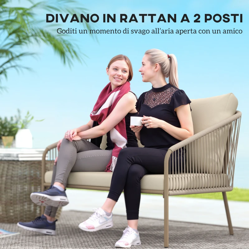 Outsunny Divano da Giardino 2 Posti Stile Boho in Rattan PE e Acciaio con Cuscini, 112x72x76, Beige