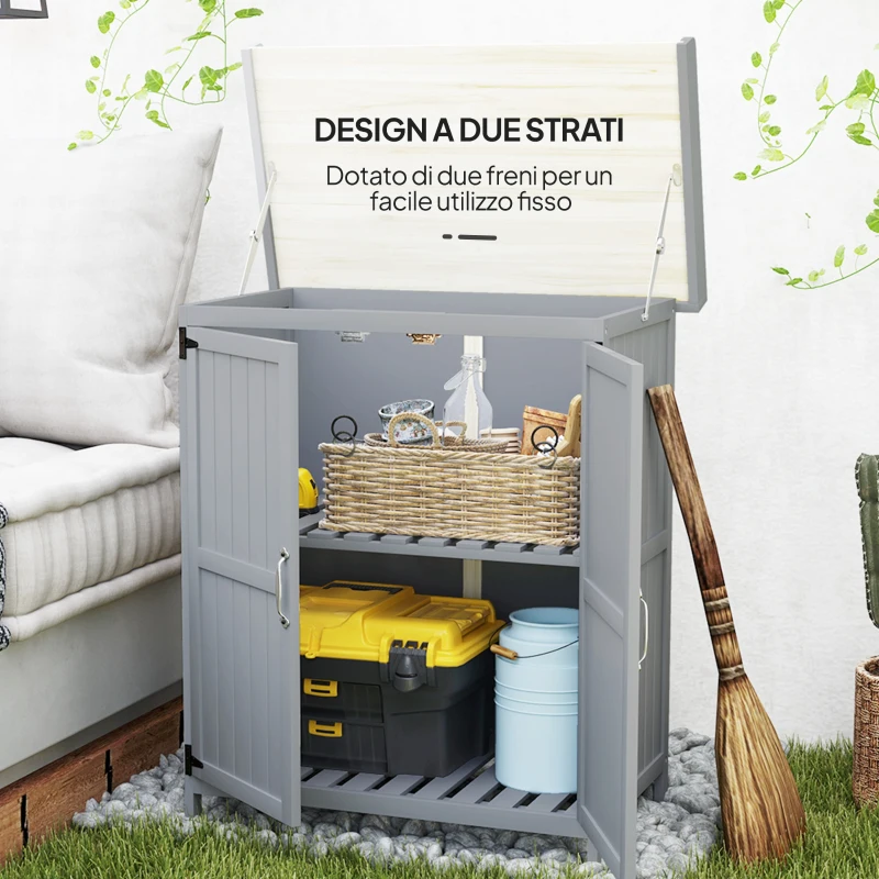 Outsunny Armadietto da Esterno, Capanno Porta Attrezzi con Mensola, in Legno con 2 Ante per Giardino, Patio, Grigio