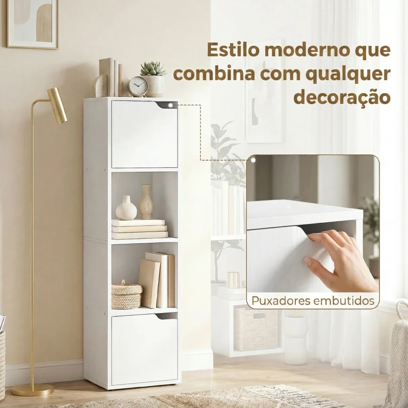 HOMCOM Estante para Livros com 2 Portas Estante Estreita de 4 Níveis com 2 Prateleiras Abertas 30x29x119 cm Branco