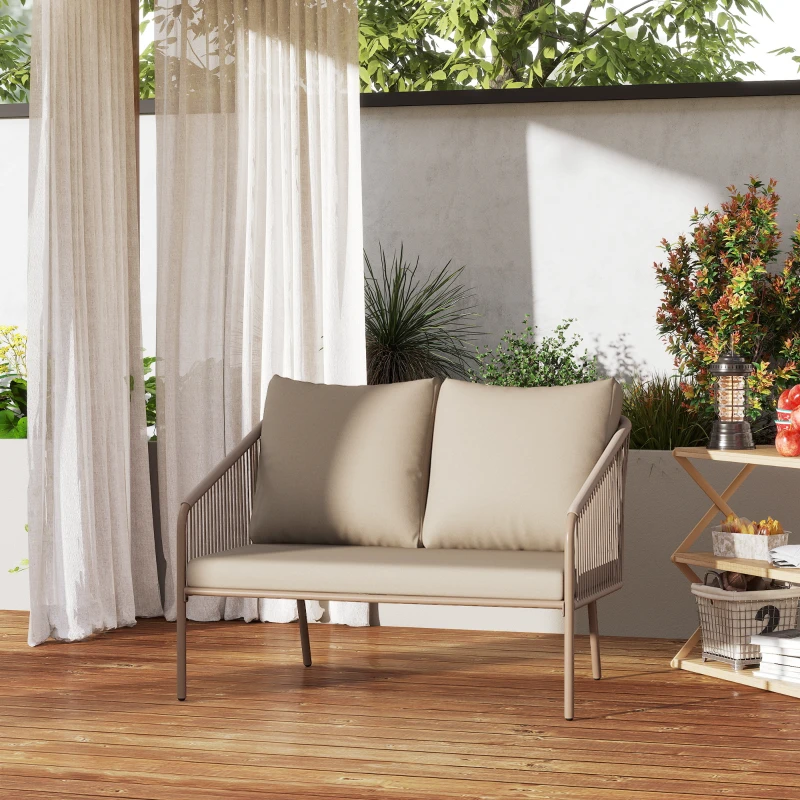 Outsunny Divano da Giardino 2 Posti Stile Boho in Rattan PE e Acciaio con Cuscini, 112x72x76, Beige