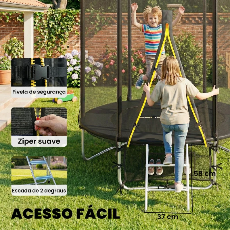 SPORTNOW Trampolim para Crianças Exterior Ø183 cm com Rede de Segurança Escada de 2 Degraus Cobertura de Molas Saco de Armazenamento Preto