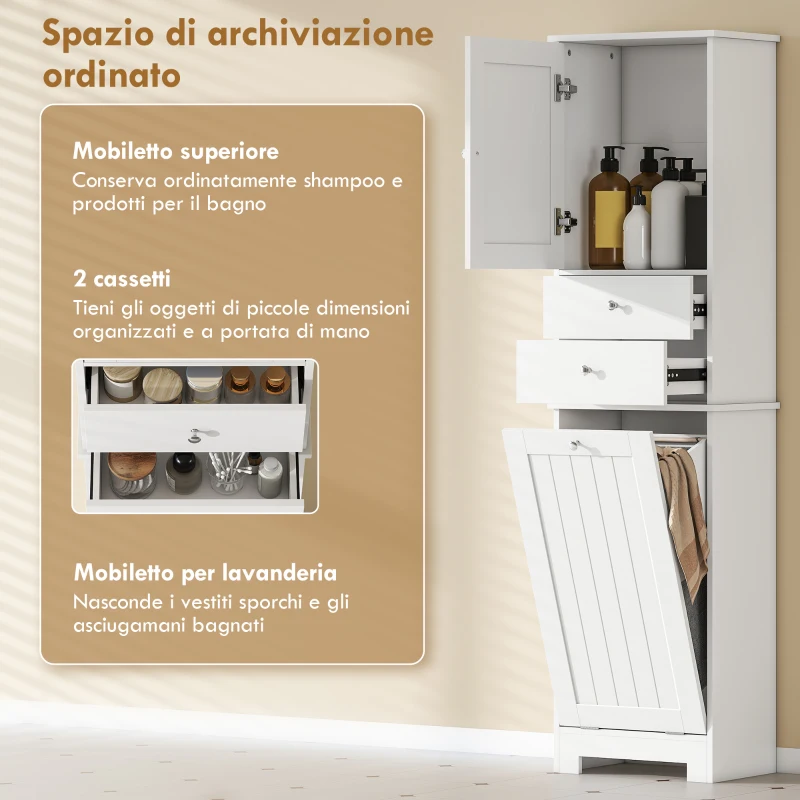 HOMCOM Mobile Bagno con Cesto per Biancheria Pieghevole, Armadietto e 2 Cassetti, in Legno, 45x30x171 cm, Bianco