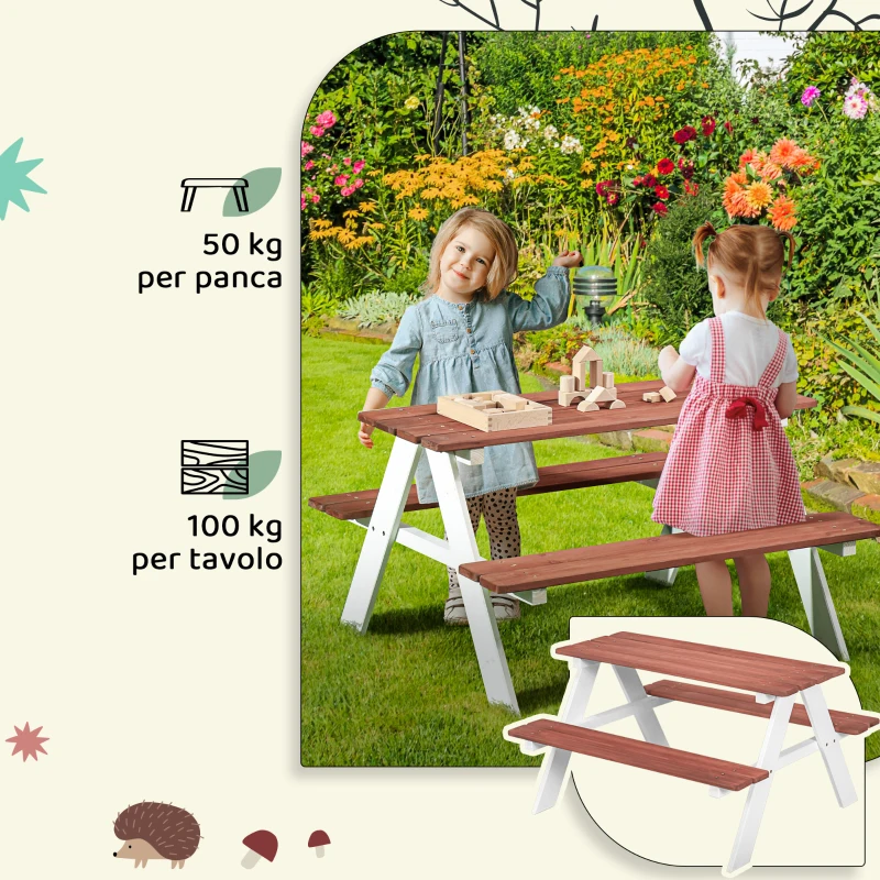 Outsunny Set Tavolo da Picnic per Bambini 3-8 Anni con Panche in Legno, 89x79x50 cm, Marrone