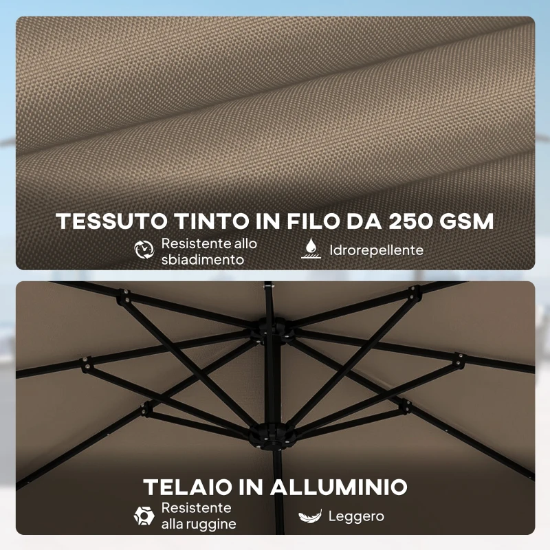 Outsunny Ombrellone da Giardino 3x3m Decentrato con Base a Croce e Copertura, in Alluminio, Cachi