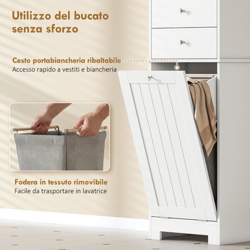 HOMCOM Mobile Bagno con Cesto per Biancheria Pieghevole, Armadietto e 2 Cassetti, in Legno, 45x30x171 cm, Bianco