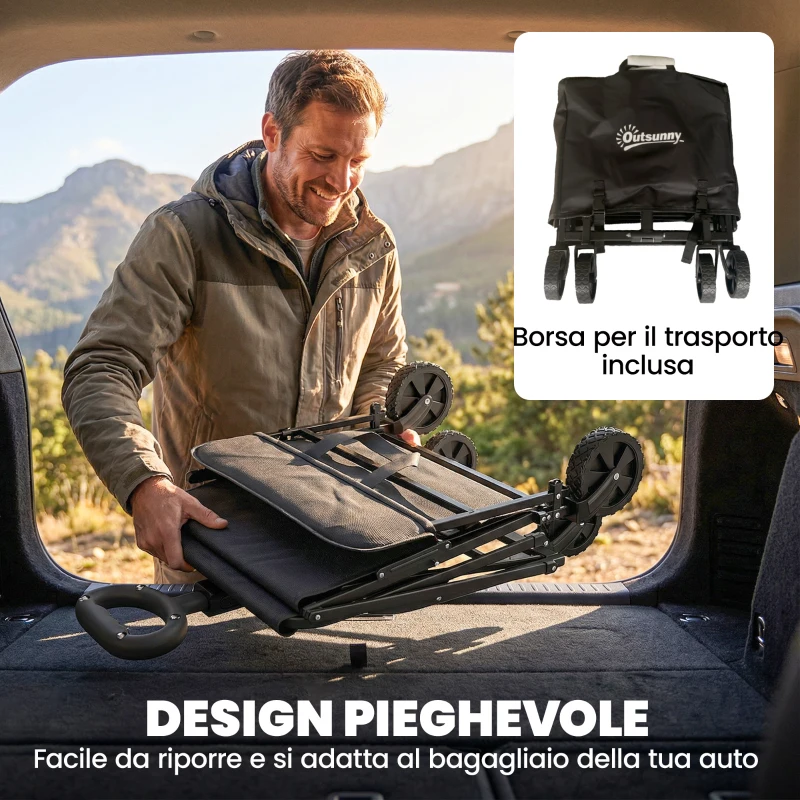 Outsunny Carrello da Giardino 72L Pieghevole con Manico Regolabile, in Acciaio e Tessuto Oxford, 114x46x92 cm, Nero