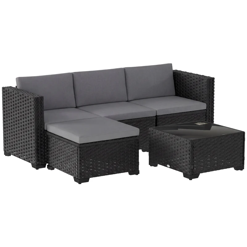 Outsunny Set da Giardino 5 pz Modulare con Poggiapiedi e Tavolino, in Rattan PE Grigio
