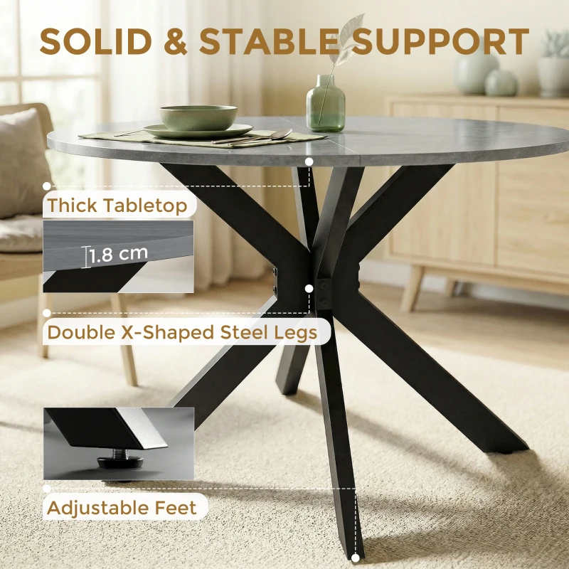 HOMCOM Inklapbare eettafel voor 2-6 personen, ronde tafel met dubbel X-stalen frame, dik tafelblad, cementgrijs