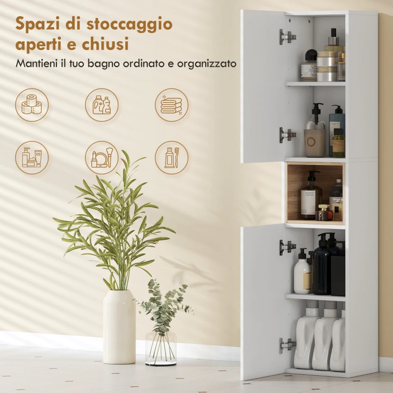 HOMCOM Mobile da Bagno a 2 Ante con Spazio Aperto e Ripiani Regolabili, in Legno, 30x24x140 cm, Bianco