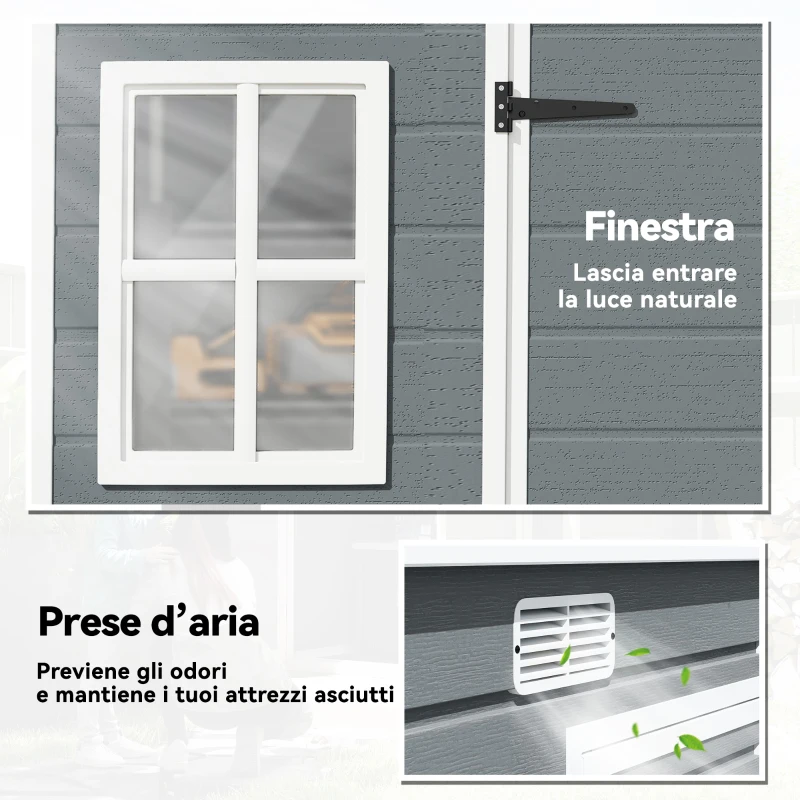 Outsunny Casetta per Attrezzi a 2 Ingressi con Finestre e Prese d'Aria, in PP e Alluminio, 303x183x184 cm, Grigio