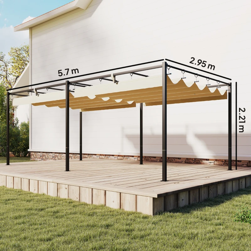 Outsunny Pergola da Giardino con Tettuccio Scorrevole UV50+ in Metallo, 5.7x2.95m, Beige