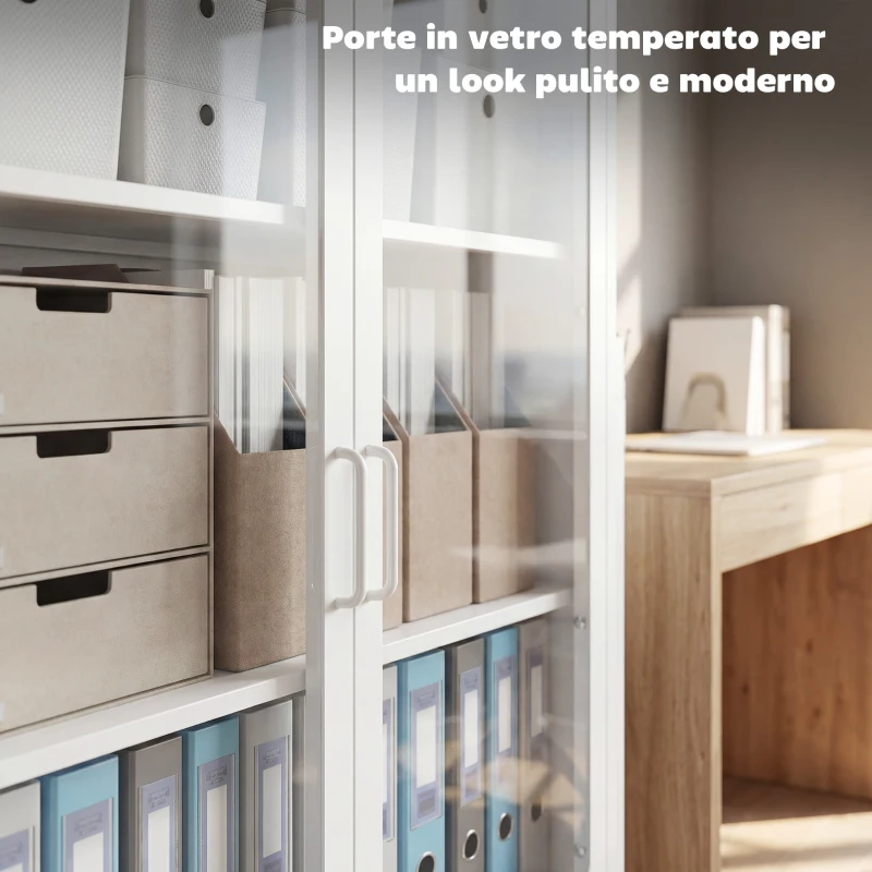 HOMCOM Mobile Portadocumenti in Acciaio con 2 Ante in Vetro e Ripiani Regolabili, 80x40x110 cm, Bianco