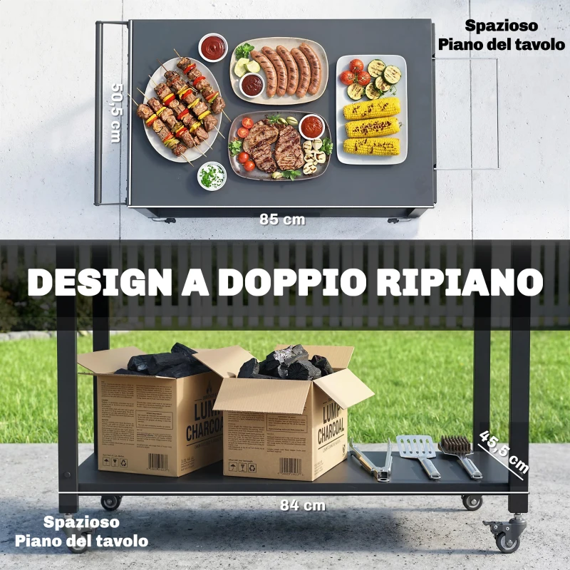 Outsunny Carrello Barbecue, 2 Ripiani, Supporto Pizza, Portasacchi e Ganci, Nero.