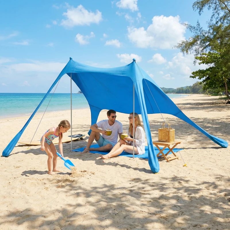Outsunny Tenda da Spiaggia UV 50+ per 2-4 Persone con Tappetino e Pala, in Lycra e Alluminio, 200x208x200 cm, Azzurro