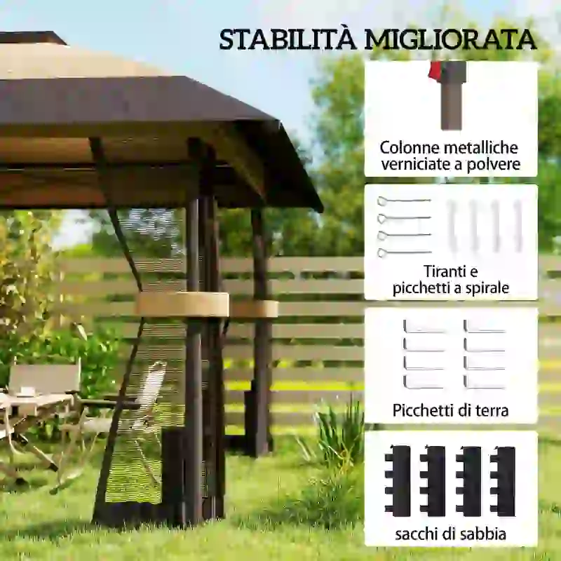 Outsunny Gazebo Pieghevole 4x4 m con 4 Zanzariere Laterali, Doppio Tetto e Sacchi di Sabbia, Cachi e Marrone