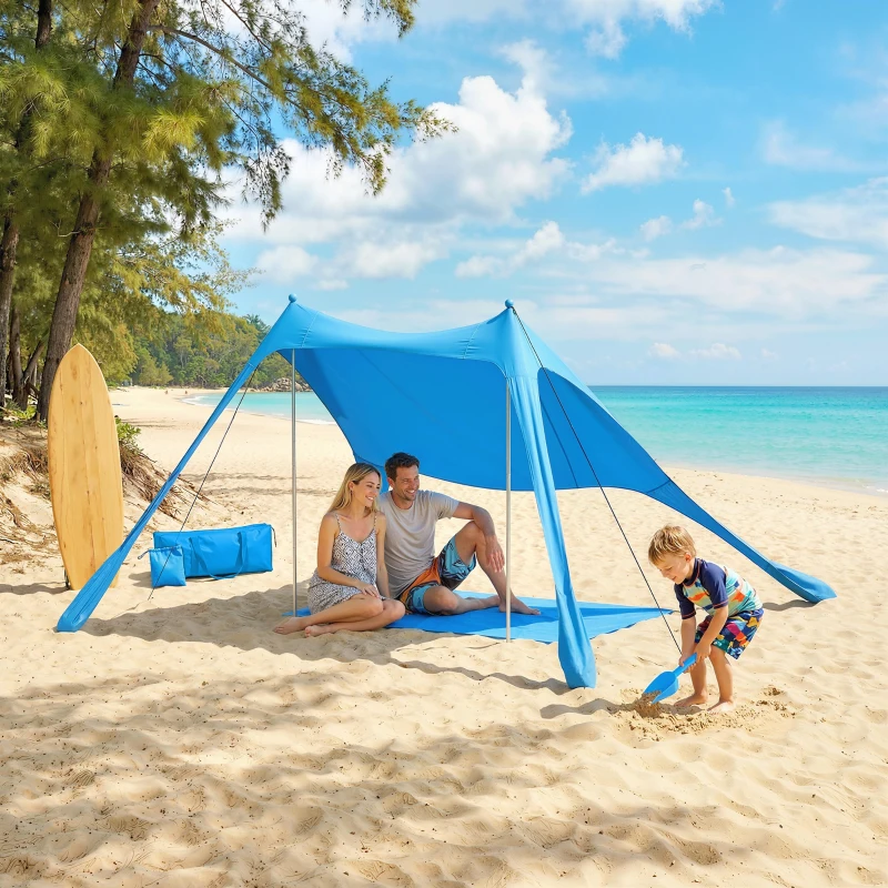 Outsunny Tenda da Spiaggia UV 50+ per 2-4 Persone con Tappetino e Pala, in Lycra e Alluminio, 200x208x200 cm, Azzurro