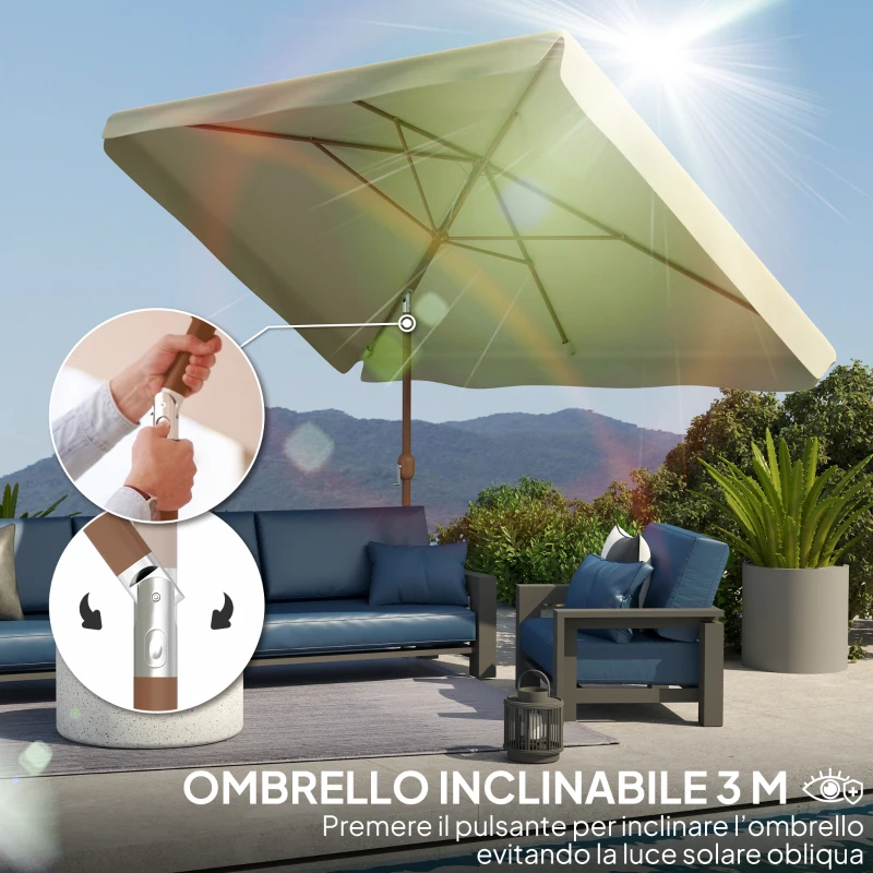 Outsunny Ombrellone Rettangolare da Giardino 2x3 m con Bordo a Balze e Manovella, in Metallo e Poliestere, Beige