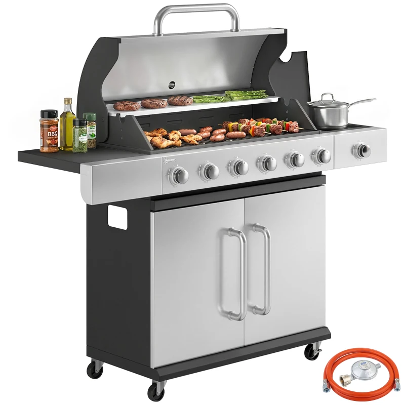 Outsunny Gas Barbecue, 6 Burners, Side Burner, Cast Iron Grill, Cabinet Included.