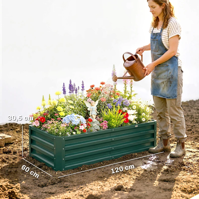 Outsunny Caixa de Plantio de Aço Galvanizado para Cultivar Plantas Flores Floreira Exterior Retangular com Fundo Aberto 120x60x30,5 cm Verde