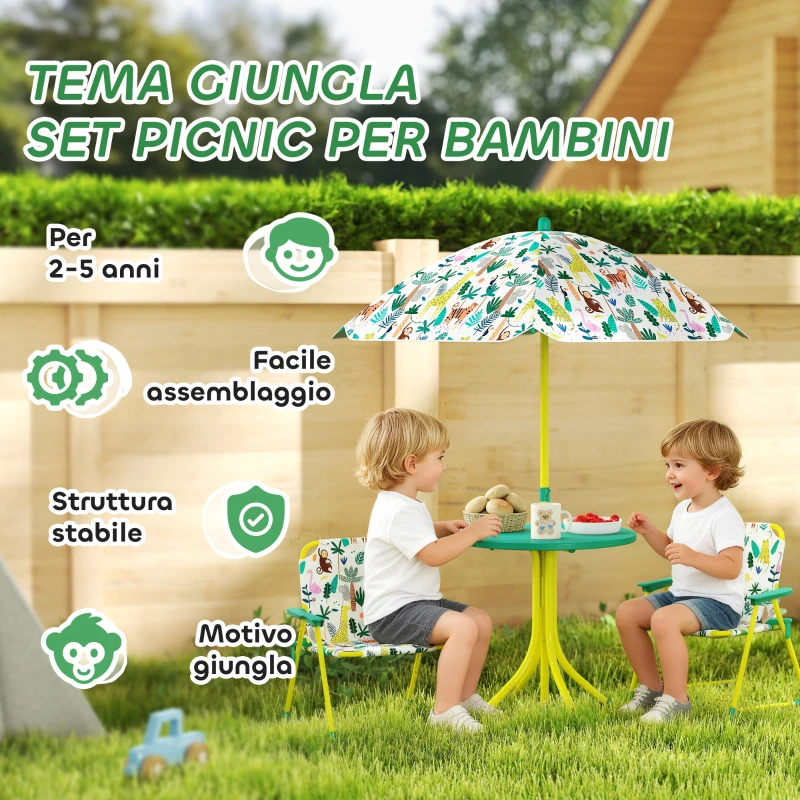 AIYAPLAY Tavolo da Picnic per Bambini Set Tavolo e Sedie con Ombrellone Verde